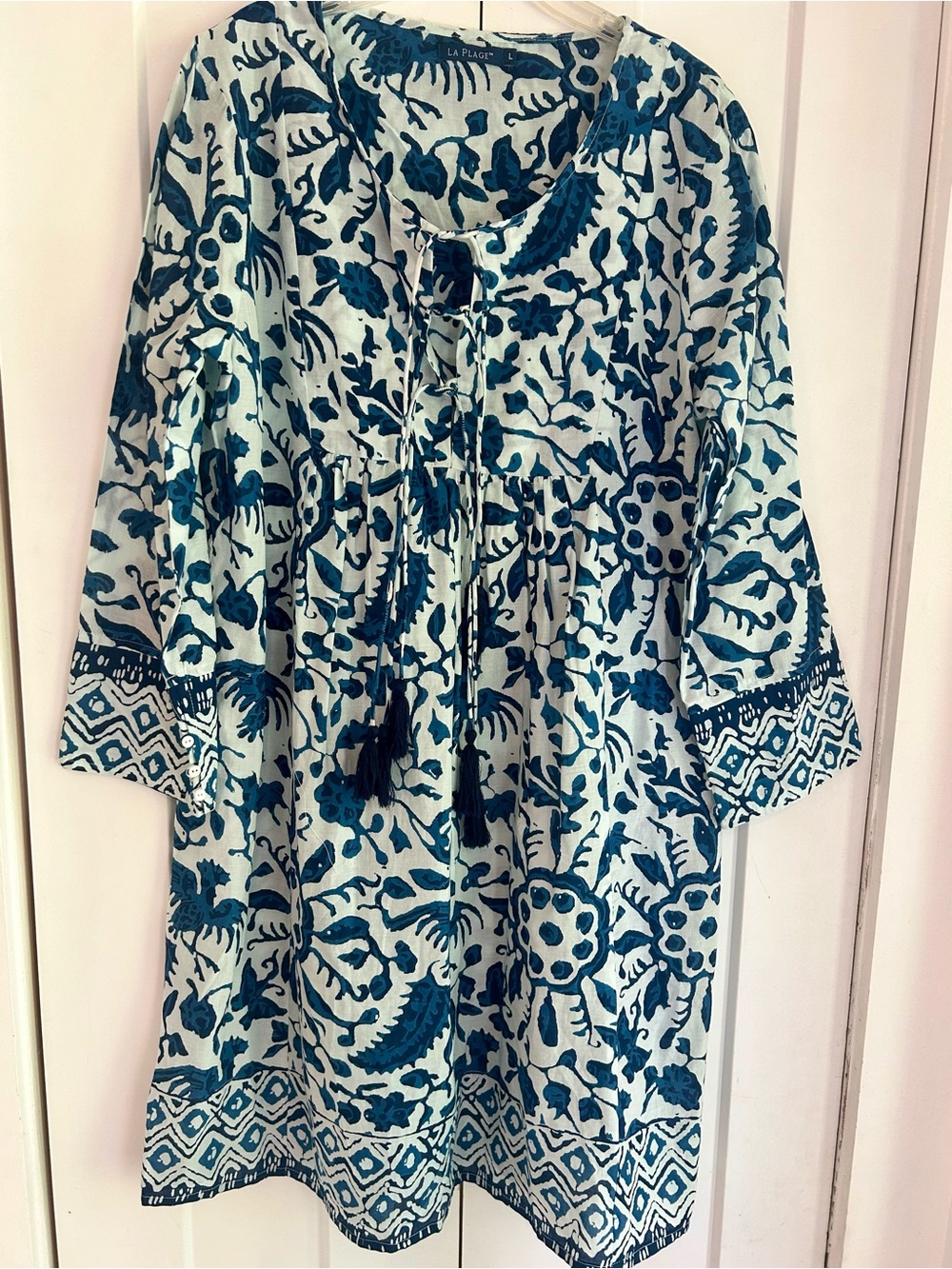 La Plage Maye Pintuck women's blue and white Peasant Dress L